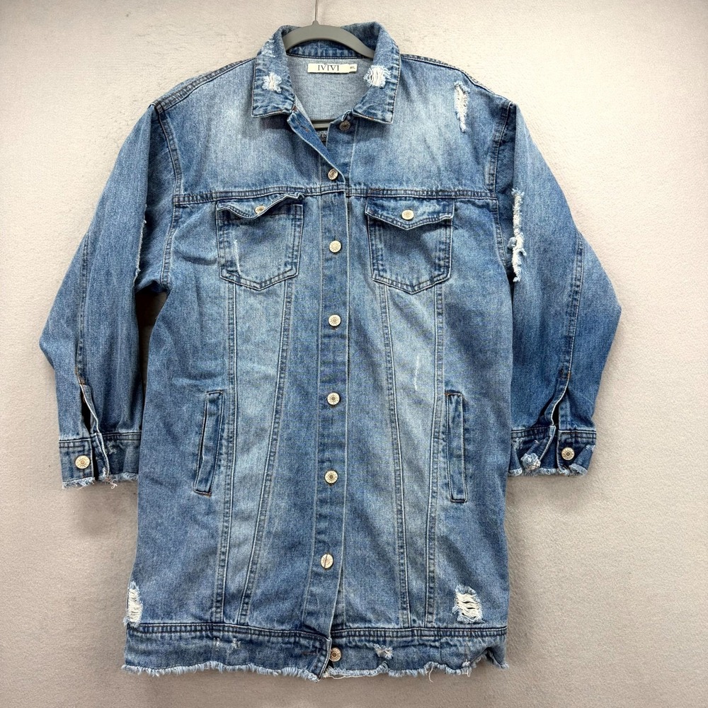 IVIVI Long Trucker Jacket Womens‎ M/L Blue Denim Light Wash Distressed Button Up